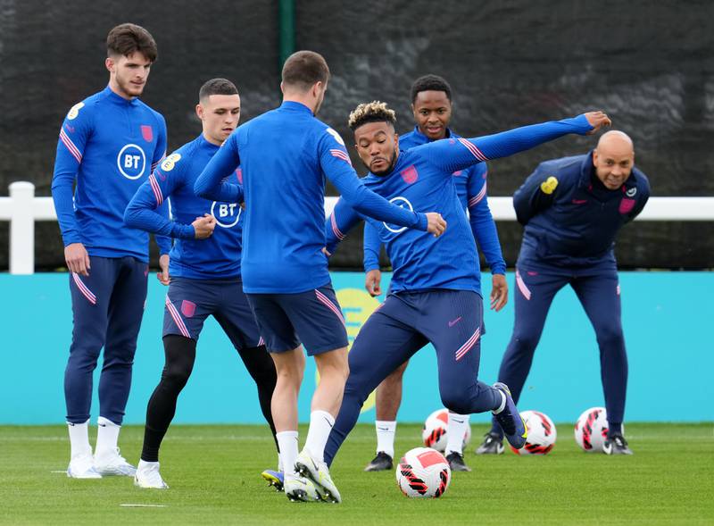 Left to right: England's Declan Rice, Phil Foden, Mason Mount, Reece James and Raheem Sterling. PA