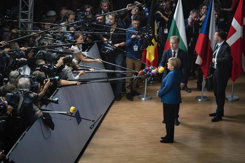 Angela Merkel speaks to members of the media ahead of a European Union leaders Brexit summit in Brussels, Belgium, October 17, 2018. Bloomberg