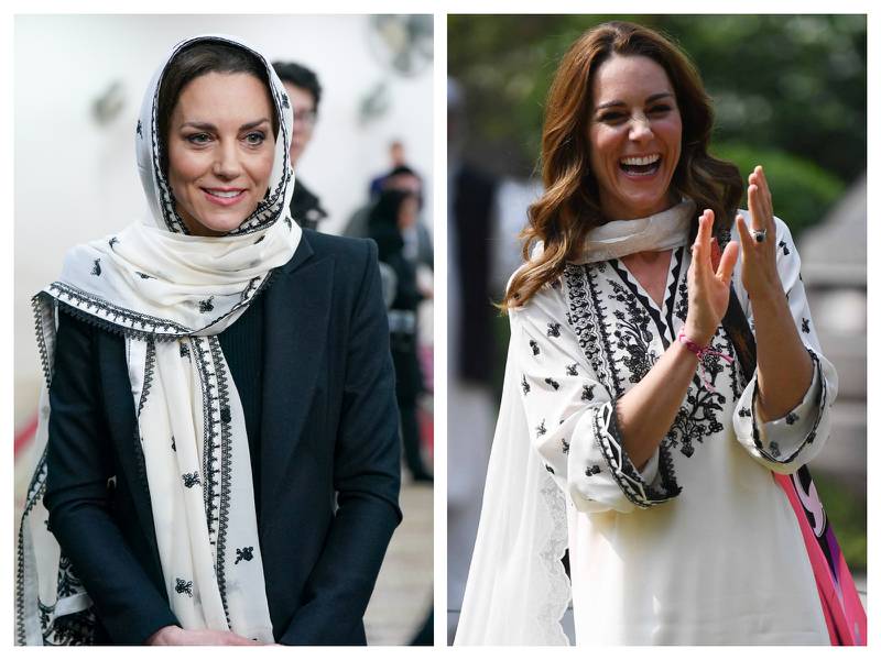 The Princess of Wales wore a headscarf by a Pakistani designer to visit a Muslim centre in England on March 9; right, wearing a kurta by the same designer in Pakistan in October 2019. Getty Images