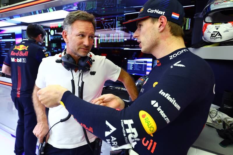 Red Bull Racing's Team Principal Christian Horner talks to Max Verstappen during day two of testing in Bahrain. Getty 