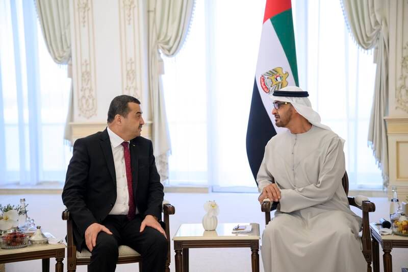 President Sheikh Mohamed and Mohamed Arkab, Algeria's Minister of Energy and Mines, hold discussions at Qasr Al Bahr Majlis in Abu Dhabi. Hamad Al Kaabi / UAE Presidential Court