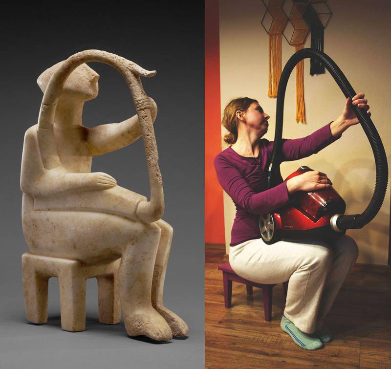 No harp? No problem. Irena Ochódzka uses a vacuum cleaner to recreate a marble artefact, Male Harp Player of the Early Spedos Type, from 2700–2300 BC and submitted the image via Facebook to the Getty Museum. Courtesy The Getty Museum