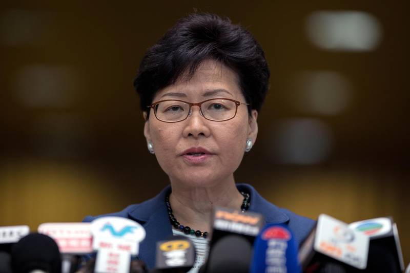 epaselect epa07638248 Hong Kong Chief Executive Carrie Lam speaks at a press conference in Hong Kong, China, 10 June 2019. Lam said she will not withdraw the controversial extradition bill or resign as chief executive, despite mass protests that gripped the city on 09 June.  EPA/JEROME FAVRE