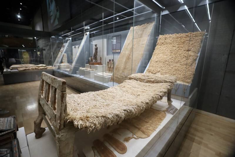 A bed with cover on display after the opening of the Textile gallery hall at the National Museum of Egyptian Civilization in Old Cairo, Egypt. 