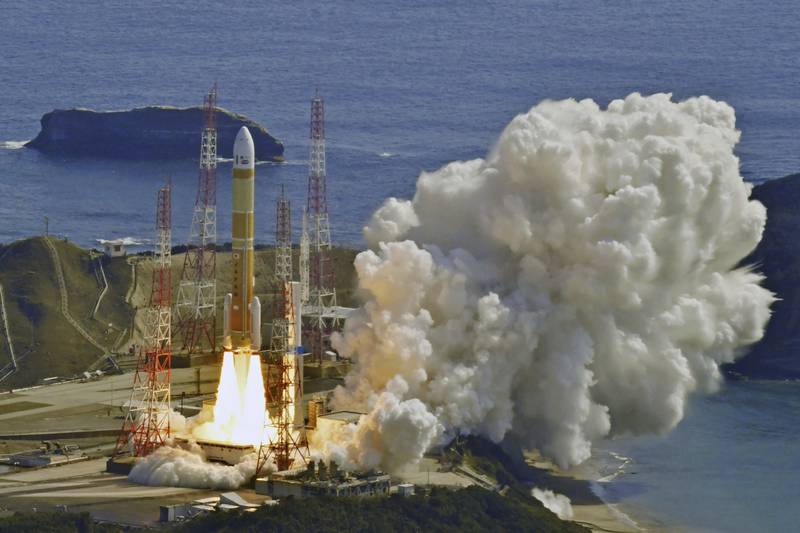 The H3 rocket lifts off from Tanegashima Space Centre in Japan. Controllers were forced to blow up the rocket moments later after ignition failed. AP

