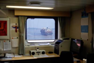 A container ship is seen at the Yangshan Deep Water Port, from the Maersk Majestic. Aly Song / Reuters