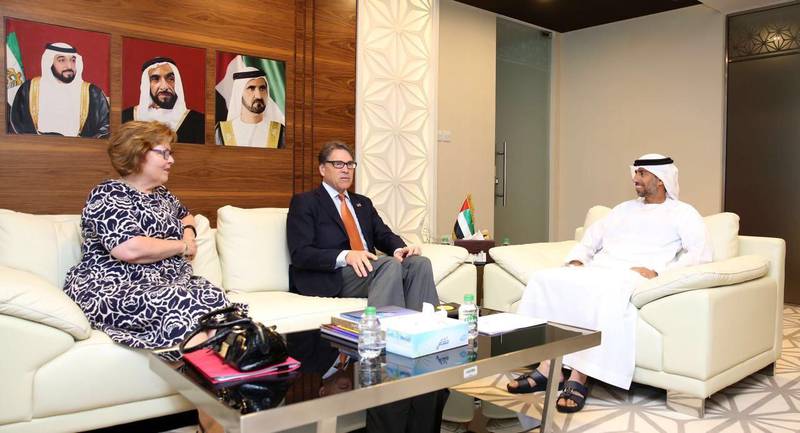 The UAE's energy minister, Suhail Al Mazrouei, met with the US energy secretary Rick Perry to discuss further collaboration in the energy sector. Courtesy of the UAE Ministry of Energy