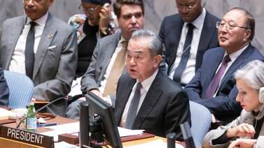China's Foreign Minister Wang Yi addresses a high-level UN Security Council meeting on the conflict between Israel and Hamas in New York. EPA