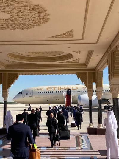Emirati and American officials board an Etihad flight in Abu Dhabi ahead of a flight to Tel Aviv. Courtesy: Hend Al Otaiba / Ministry of Foreign Affairs