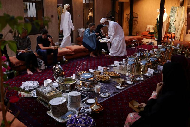 Tea is served at the Sheikh Mohammed Centre for Cultural Understanding in Dubai, where a group of overseas visitors took iftar as part of celebrations during the holy month.