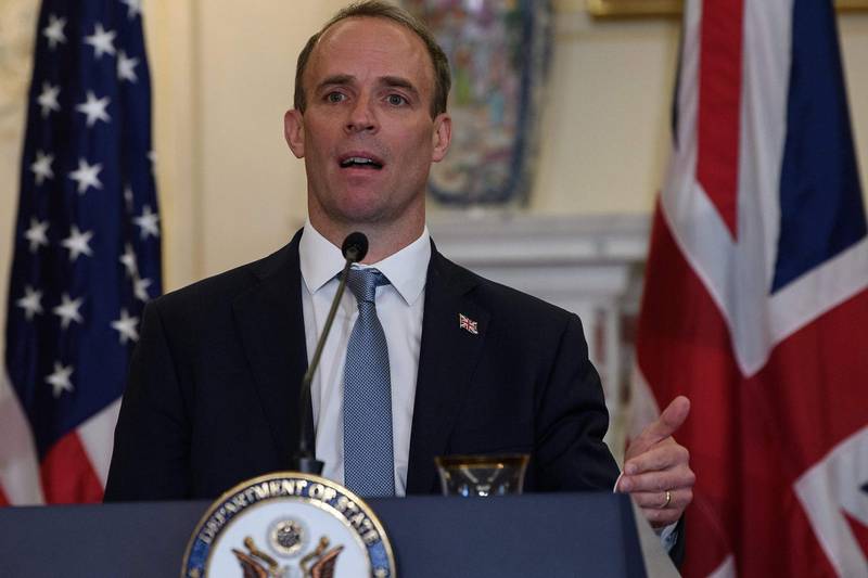 British Foreign Secretary Dominic Raab speaks at a press conference at the State Department in Washington, DC, on September 16, 2020. / AFP / POOL / NICHOLAS KAMM
