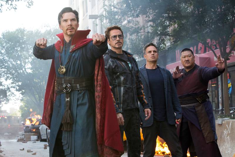 This image released by Marvel Studios shows, from left, Benedict Cumberbatch, Robert Downey Jr., Mark Ruffalo and Benedict Wong in a scene from "Avengers: Infinity War." (Marvel Studios via AP)