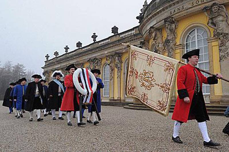The saltminers association from Halle, Germany, commemorate the 300th anniversary of Frederick the Great n traditional costumes at Park Sanssouci in Potsdam.