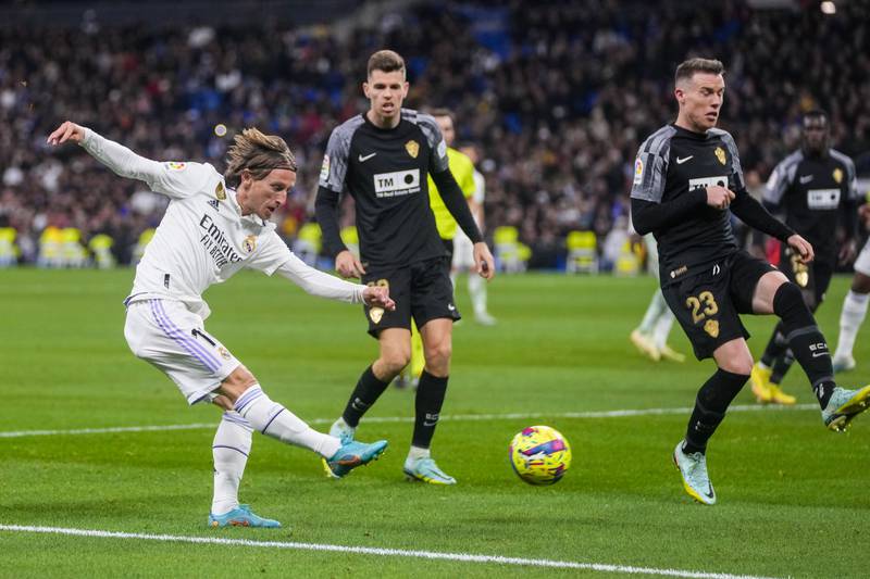 Real Madrid's Luka Modric scores his side's fourth goal. AP Photo
