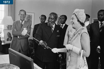 1972: The queen and Prince Philip with the president of Kenya, Jomo Kenyatta, during a visit to Kenya.