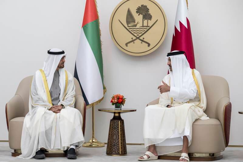 Sheikh Mohamed with Sheikh Tamim in Doha at the start of an official visit. Hamad Al Kaabi / Presidential Court 