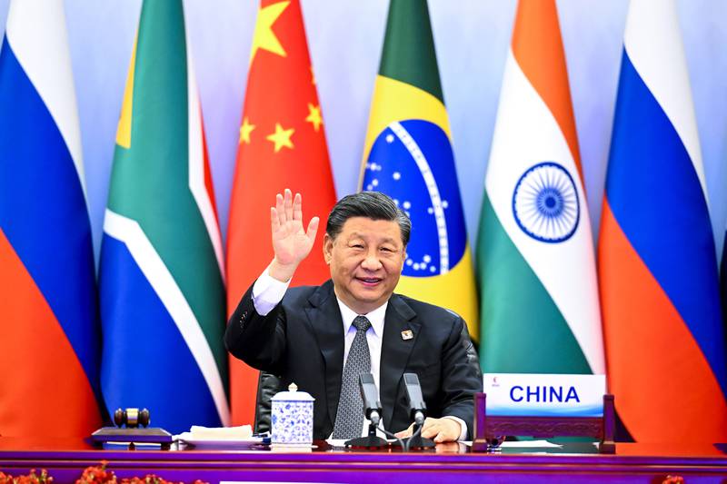 Chinese President Xi Jinping hosting the 14th BRICS Summit via video link. AP