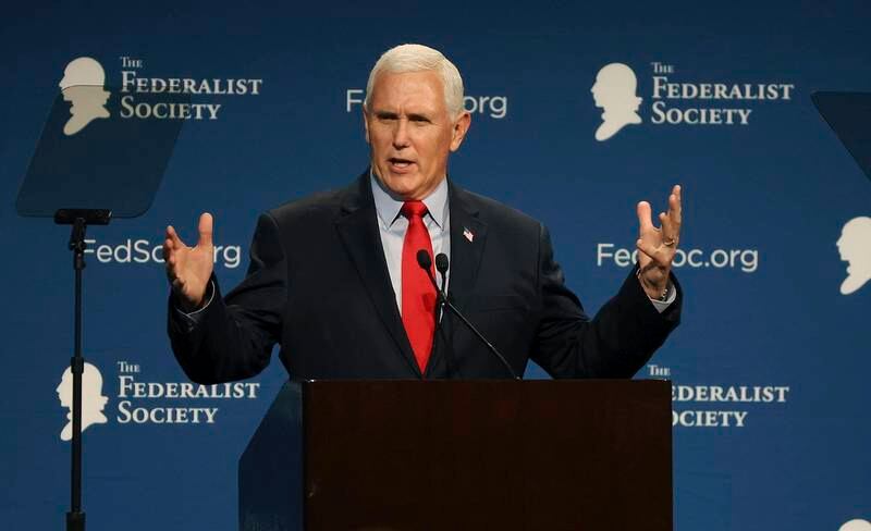 Former US vice president Mike Pence speaks at the Florida chapter of the Federalist Society's annual meeting in Orlando, Florida, on February 4. Orlando Sentinel via AP