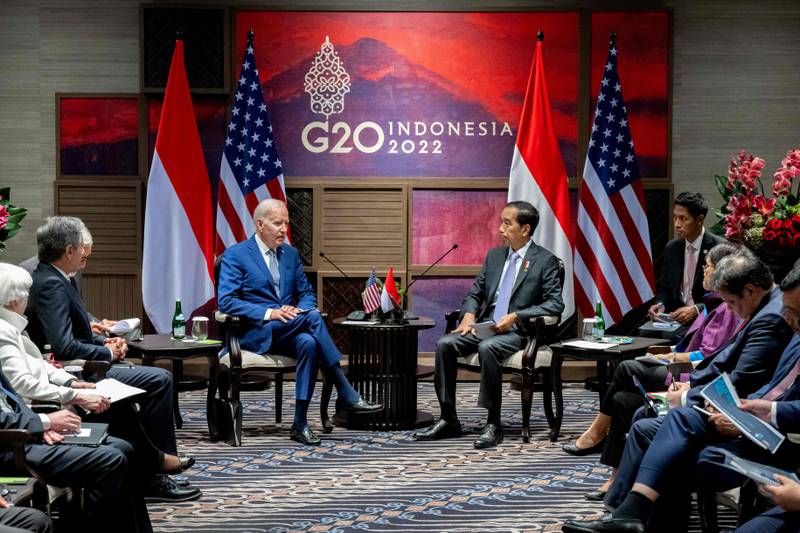 US President Joe Biden and Indonesia's President Joko Widodo hold a meeting in Bali. AFP