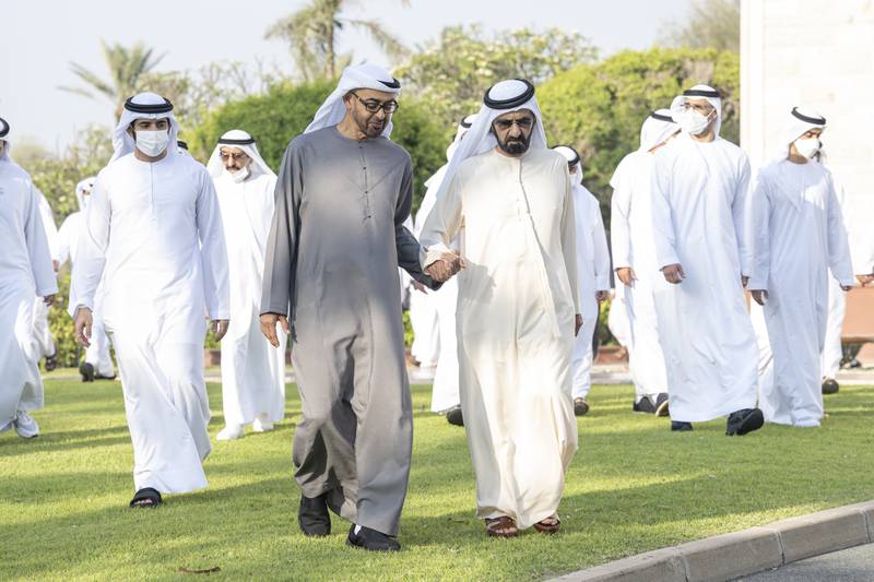 The President, Sheikh Mohamed, pictured with Sheikh Mohammed bin Rashid, Vice President and Ruler of Dubai, and Sheikh Hamdan bin Mohammed, Crown Prince of Dubai. Hamad Al Kaabi / Ministry of Presidential Affairs
