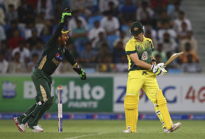 Sarfraz Ahmed of Pakistan celebrates after dismissing Steve Smith of Australia  during the second match of the one day international series between Australia and  Pakistan at Dubai Sports City Cricket Stadium on October 10, 2014 in Dubai, United Arab Emirates. Francois Nel/Getty Images