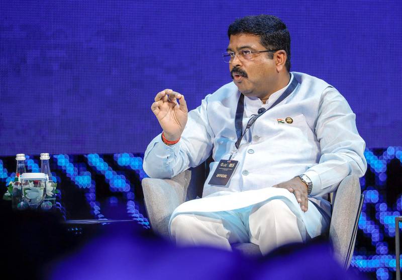 Abu Dhabi, United Arab Emirates, November 11, 2019.  ADIPEC day 1.--  ShriDharmendra Pradhan, India Minister of Petroleum and Natural Gas during the open discussion.Victor Besa / The NationalSection:  NAReporter:  Jennifer Gnana