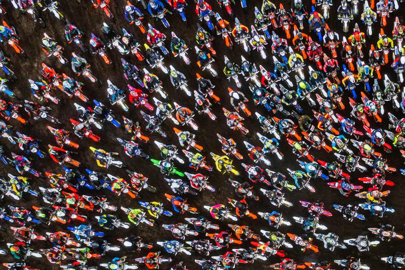 An aerial view of riders in the 39th Enduro motorcycle race the Gotland Grand National at Tofta shooting range, near Visby, on the island of Gotland, Sweden. AFP
