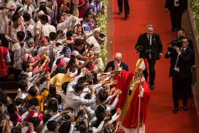 The Pope at a public engagement in November 2017 in Yangon, Myanmar. Getty Images