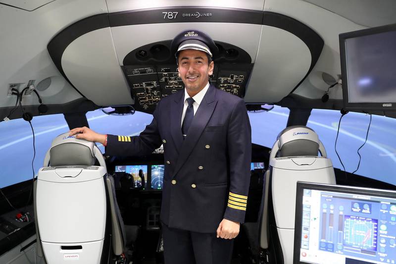 ABU DHABI , UNITED ARAB EMIRATES , February 27 – 2019 :- Captain Abdulla Obaid, Emirati pilot who flew the Pope home at the Etihad Boeing 787 flight simulator at Etihad HQ near the airport in Abu Dhabi. ( Pawan Singh / The National ) For POAN. Story by Gillian