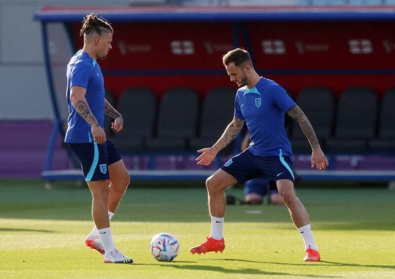 England's James Maddison and Kalvin Phillips during training. Reuters