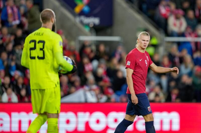 Erling Haaland reacts after missing a goalscoring chance for Norway. EPA