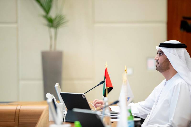 Dr Sultan Al Jaber, Minister of Industry and Advanced Technology and Adnoc Group chief executive, attends the Supreme Petroleum Council meeting on Sunday. Courtesy: Sheikh Mohamed bin Zayed Twitter