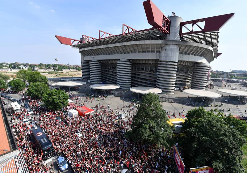 The AC Milan team bus arrives at the San Siro ahead of the match. Reuters