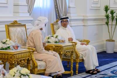 Sheikh Mansour bin Zayed, UAE Vice President, Deputy Prime Minister and Minister of Presidential Court, (right) and Sheikh Nahyan bin Zayed, chairman of the board of trustees of the Zayed Charitable and Humanitarian Foundation, attend a meeting with the Egyptian president in Al Alamein city