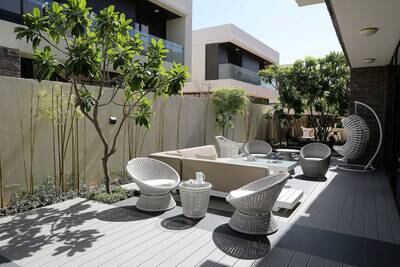 DUBAI, UNITED ARAB EMIRATES , October 26– 2020 :- View of the outside sitting area inside the 5 bedroom villa at the DAMAC Hills in Dubai. The cost of this villa is 4.3 million AED. (Pawan Singh / The National) For News/Online/Stock. Story by Nick Webster 