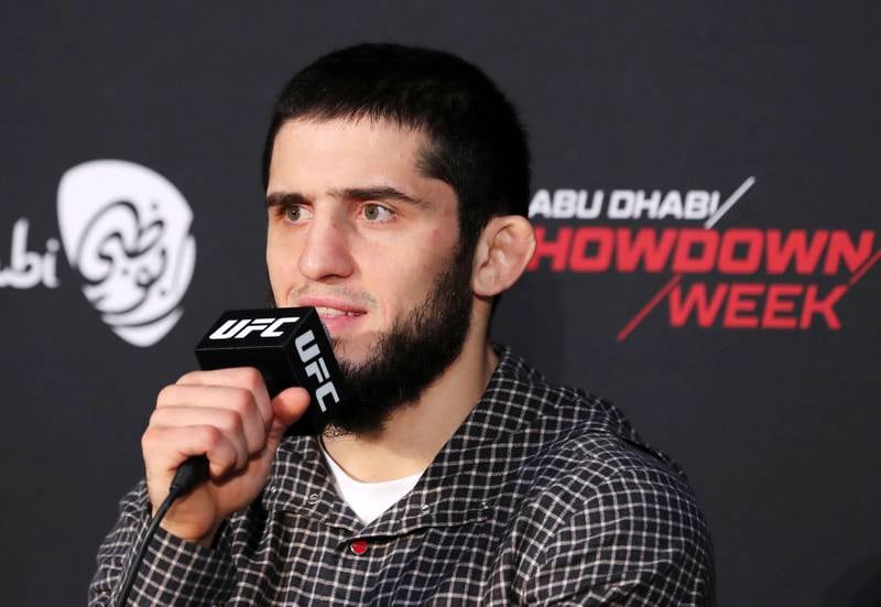 Islam Makhachev speaks at the press conference ahead of his bout at UFC 267 in Abu Dhabi in October 2021. Chris Whiteoak / The National