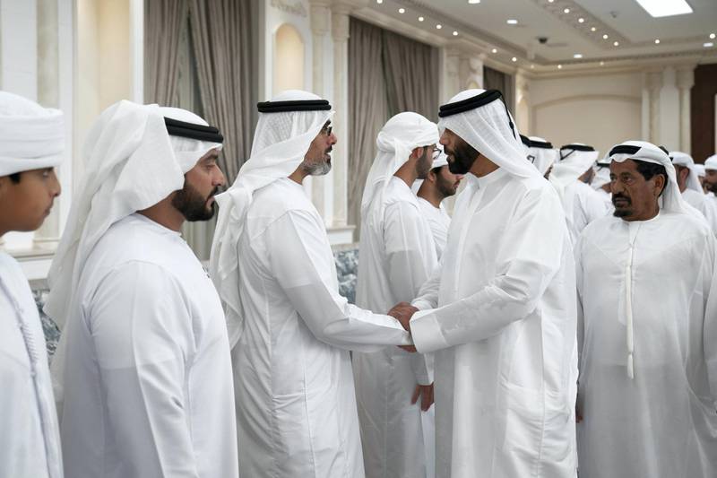 ABU DHABI, UNITED ARAB EMIRATES - November 20, 2019: HH Major General Sheikh Khaled bin Mohamed bin Zayed Al Nahyan, Deputy National Security Adviser, member of the Abu Dhabi Executive Council and Chairman of Abu Dhabi Executive Office (3rd L), receives mourners who are offering condolences on the passing of the late HH Sheikh Sultan bin Zayed Al Nahyan, at Al Mushrif Palace.

( Hamad Al Mansoori for the Ministry of Presidential Affairs )
---