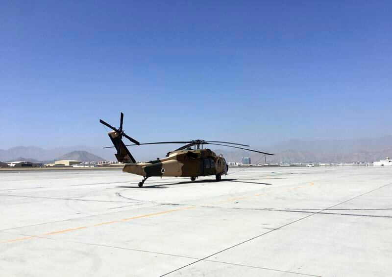 An Afghan military helicopter at the airport in Kabul. AP