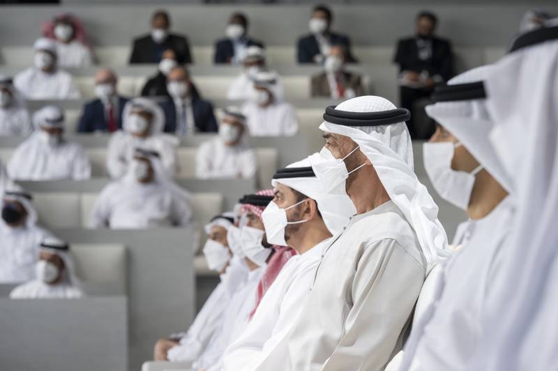 Sheikh Mohamed bin Zayed, Crown Prince of Abu Dhabi and Deputy Supreme Commander of the Armed Forces (C), attends the lecture.