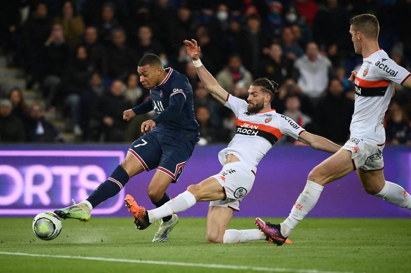 Kylian Mbappe takes a shot on goal against Lorient. AFP