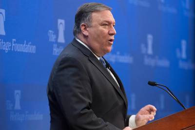 epa06754213 US Secretary of State Mike Pompeo delivers remarks on 'After the Deal - A New Iran Strategy', at the Heritage Foundation in Washington, DC, USA, 21 May 2018.  EPA/MICHAEL REYNOLDS