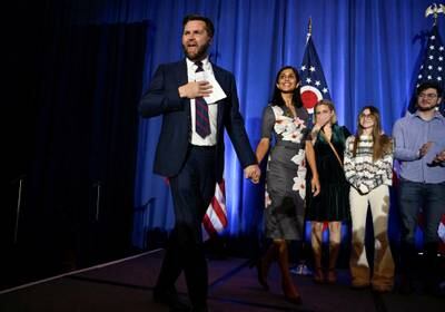 Republican J D Vance arrives with his wife Usha to declare victory in the Senatorial race in Columbus, Ohio. Reuters