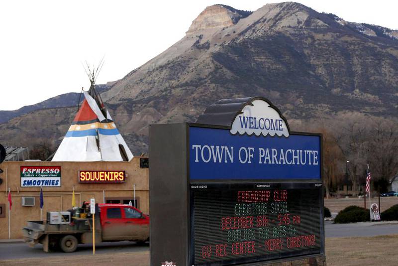 Shops and a rest stop greet travelers in Parachute, Colorado. The current rise of hydraulic fracking in natural gas retrieval has given a cautious hope to the town’s inhabitants amidst rising opposition to fracking. Jim Urquhart / Reuters