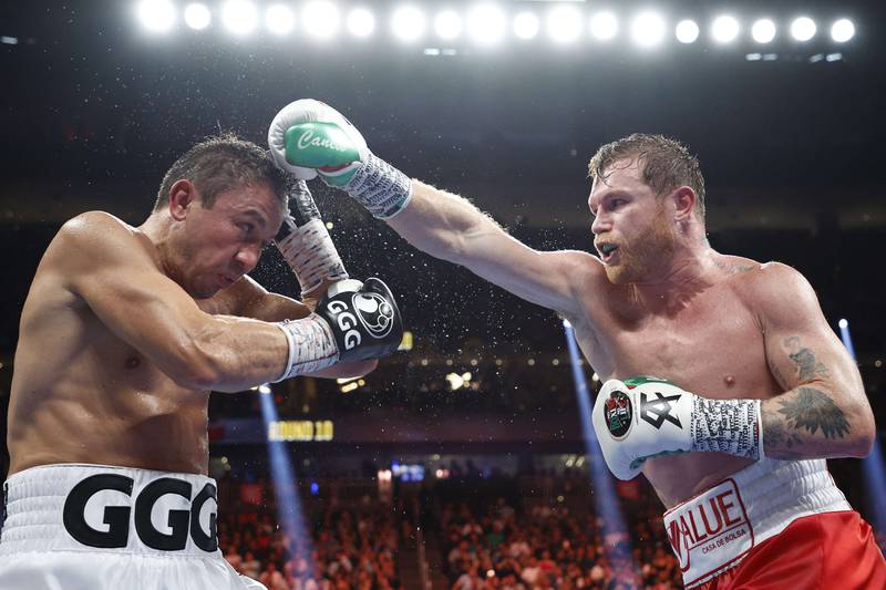 Canelo Alvarez lands a punch against Gennadiy Golovkin in their super middleweight title fight at T-Mobile Arena. Getty