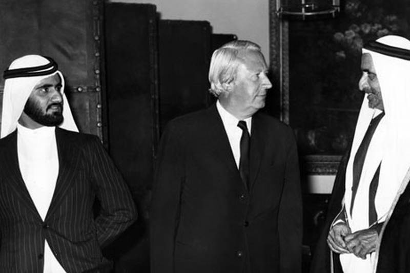 Sheikh Rashid, right, and his son, Sheikh Mohammed, with British Prime Minister Edward Heath in 1972. 