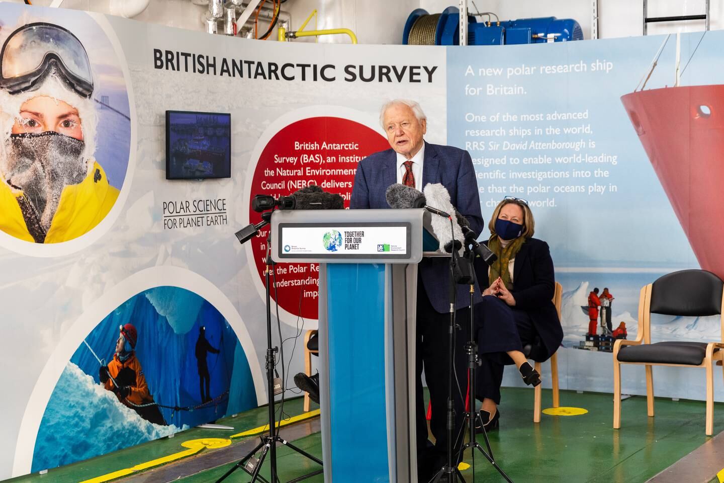 Sir David Attenborough makes a speech aboard the 'RRS Sir David Attenborough'. EPA