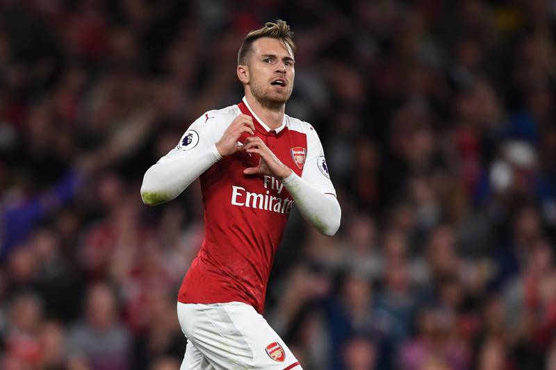 LONDON, ENGLAND - AUGUST 11:  Aaron Ramsey of Arsenal celebrates after scoring his team's third goal during the Premier League match between Arsenal and Leicester City at the Emirates Stadium on August 11, 2017 in London, England.  (Photo by Shaun Botterill/Getty Images)