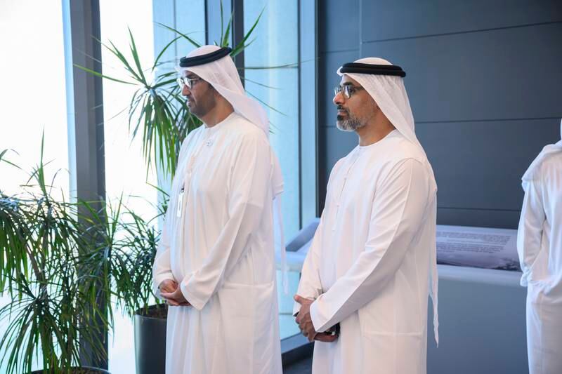 Sheikh Khaled and Dr Al Jaber. Photo: Hamad Al Kaabi / UAE Presidential Court 
