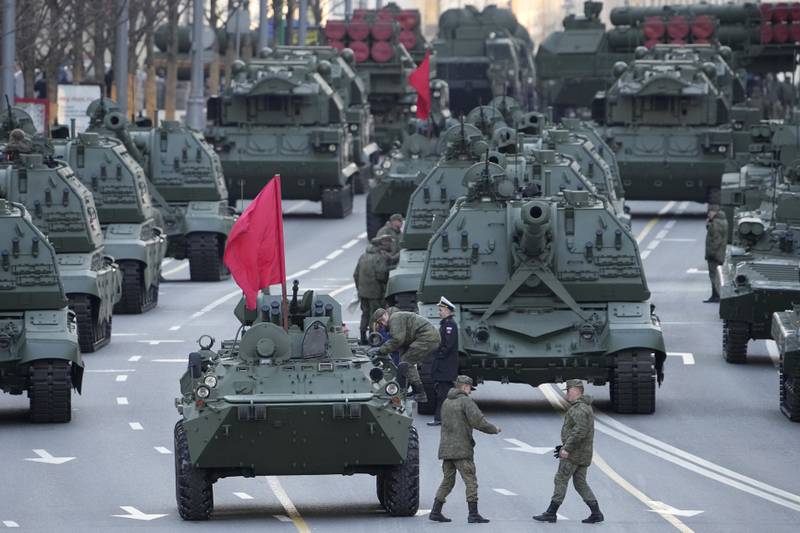 Self-propelled artillery vehicles, tanks and pther military vehicles gather on Tverskaya Street for the parade rehearsal. AP