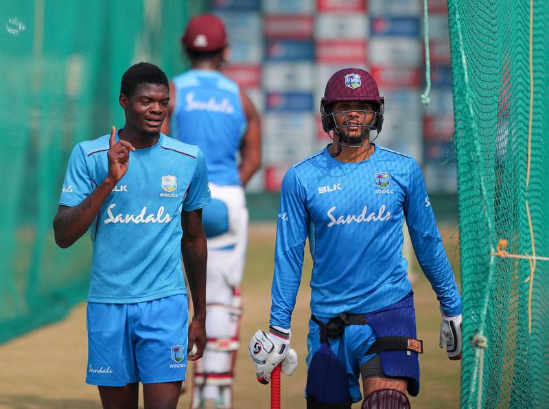 West Indies bowler Alzarri Joseph, left, with Brandon King during a training session in Hyderabad. AP